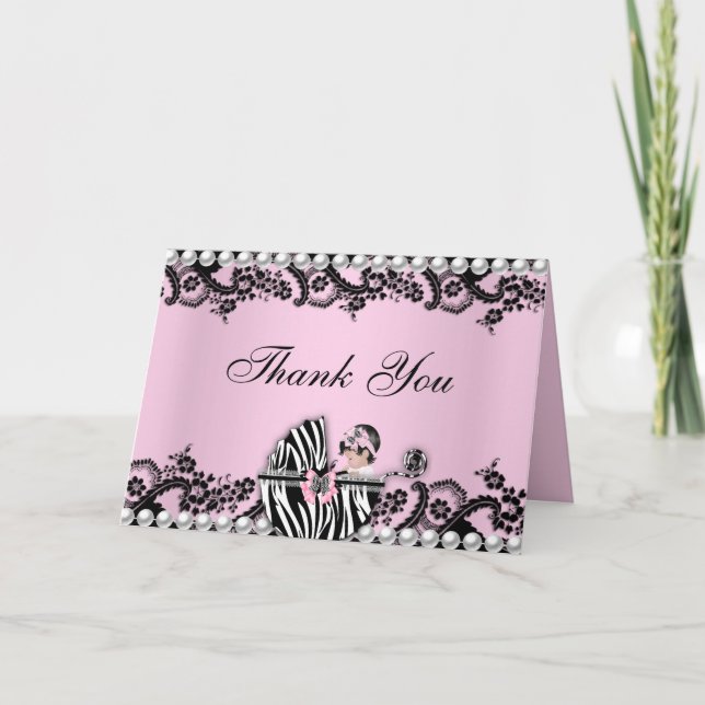 Cartão De Agradecimento Baby Shower Cute Baby Girl Zebra Thank You Card (Frente)