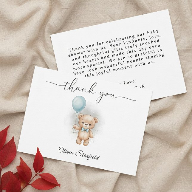 Cartão De Agradecimento Baby Shower for Boy Blue Balloon Teddy Bear   (Criador carregado)