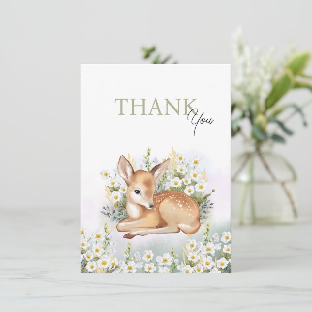 Cartão De Agradecimento Baby shower invitations with an adorable  fawn. (Em pé/Frente)