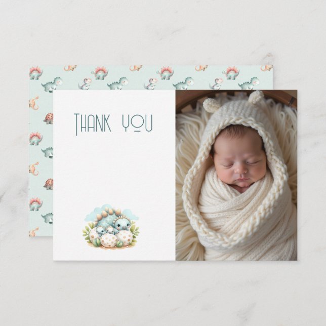 Cartão De Agradecimento Baby Shower Photo Thank You Note Dinosaur Dino (Frente/Verso)