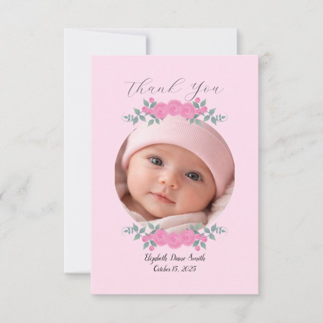 Cartão De Agradecimento Baby Shower Pink Photo Name Thank you Card Roses (Frente)