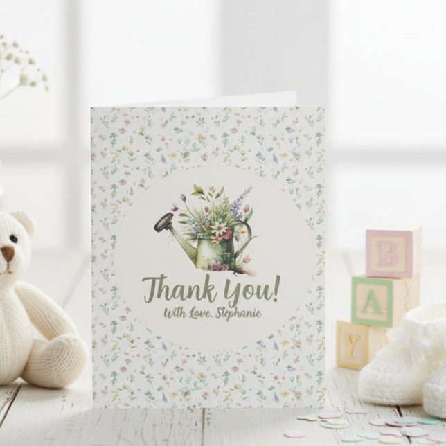 Cartão De Agradecimento Baby Shower Thank You Card - Floral Watering Can (Baby Shower thank you card)