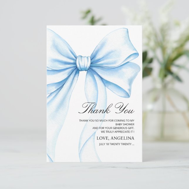 Cartão De Agradecimento  Baby Shower Thank You Cards Blue Bow. (Em pé/Frente)
