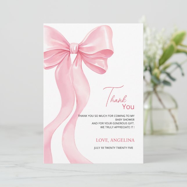 Cartão De Agradecimento Baby Shower Thank You Cards with adorable bow. (Em pé/Frente)