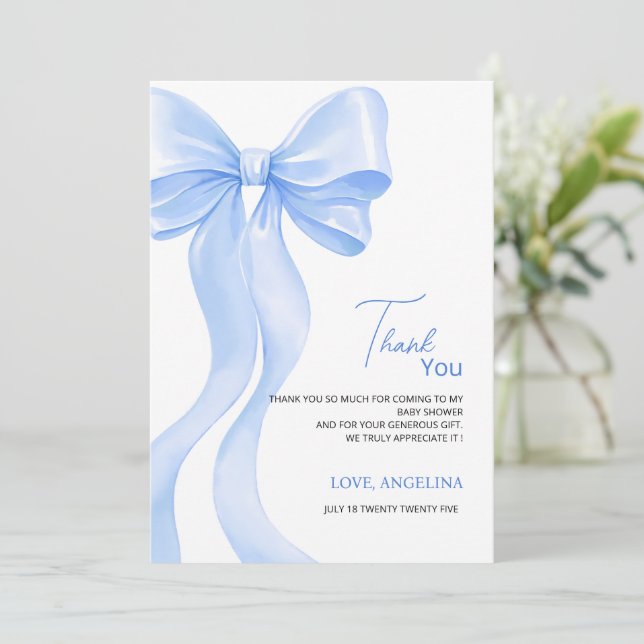 Cartão De Agradecimento Baby Shower Thank You Cards with adorable bow. (Em pé/Frente)