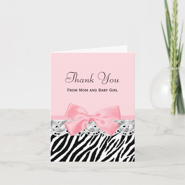 Cartão De Agradecimento Baby Thank You Pink Ribbon and Lace Zebra Print (Frente)