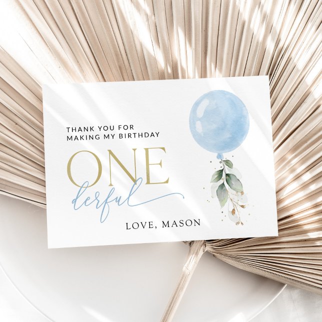 Cartão De Agradecimento Balão Azul, Eucalyptus, Verde, Primeiro Aniversári (Criador carregado)