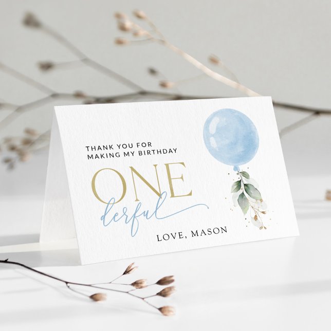 Cartão De Agradecimento Balão Azul, Eucalyptus, Verde, Primeiro Aniversári (Criador carregado)