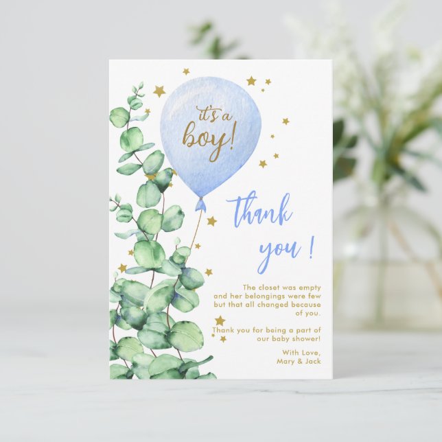 Cartão De Agradecimento Balão, é um Chá de fraldas de menino, obrigado (Em pé/Frente)