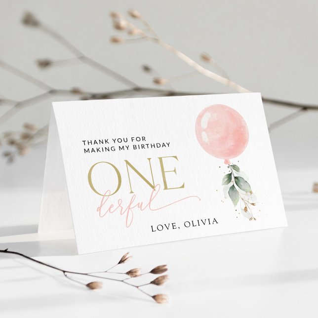 Cartão De Agradecimento Balão Rosa, Eucalyptus, Greenery, Primeiro Anivers (Criador carregado)