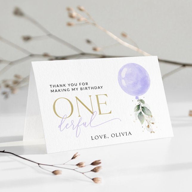 Cartão De Agradecimento Balão Roxo, Verde, Folhagem, Primeiro Aniversário (Criador carregado)