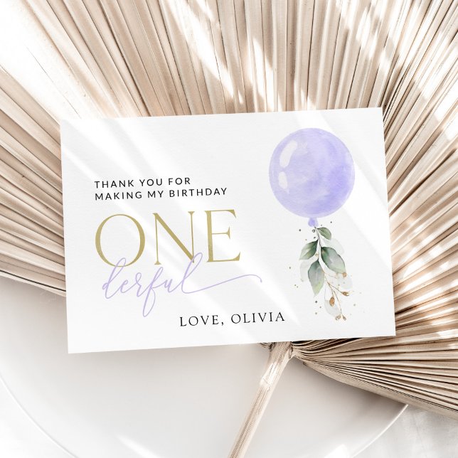 Cartão De Agradecimento Balão Roxo, Verde, Folhagem, Primeiro Aniversário (Criador carregado)