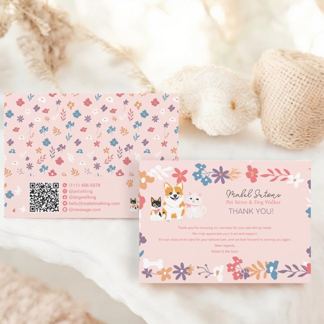 Cartão De Agradecimento Balcão-de-bico-bicho-de-estimação (Whimsical floral pet sitter dog walker business thank you card)