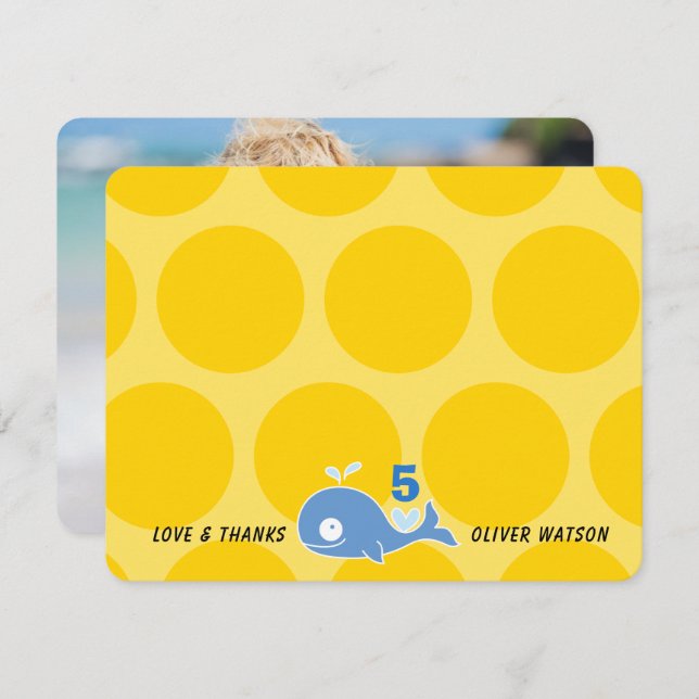 Cartão De Agradecimento Baleia de Desenho Animado Azul Fofo Foto de Aniver (Frente/Verso)