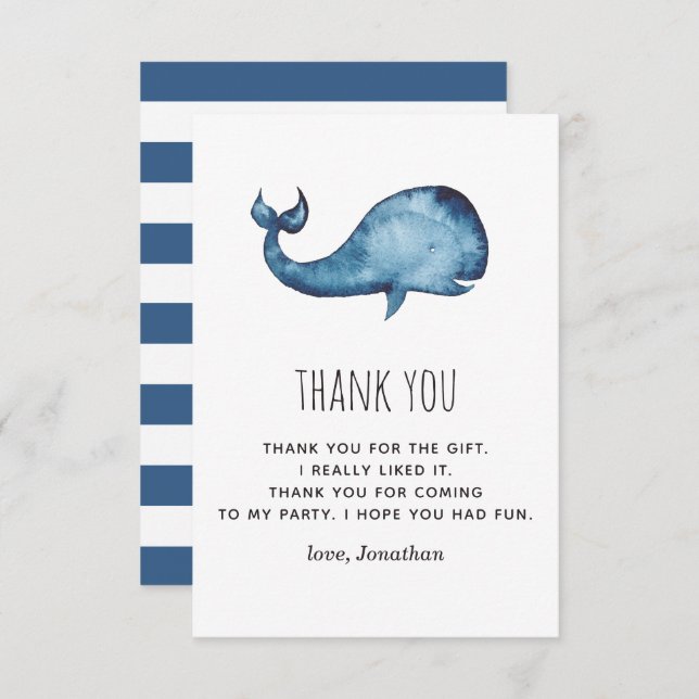 Cartão De Agradecimento Baleia marinho azul de aquarela. Aniversário de cr (Frente/Verso)