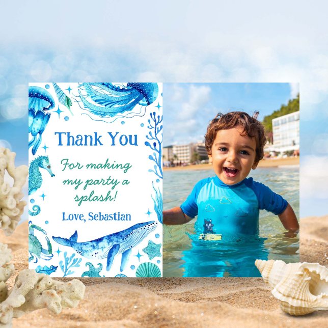 Cartão De Agradecimento Baleia Oceânica de Aquarela Sob Foto Marinha (Watercolor Ocean Animals Whale Under the Sea Photo Thank You Card)