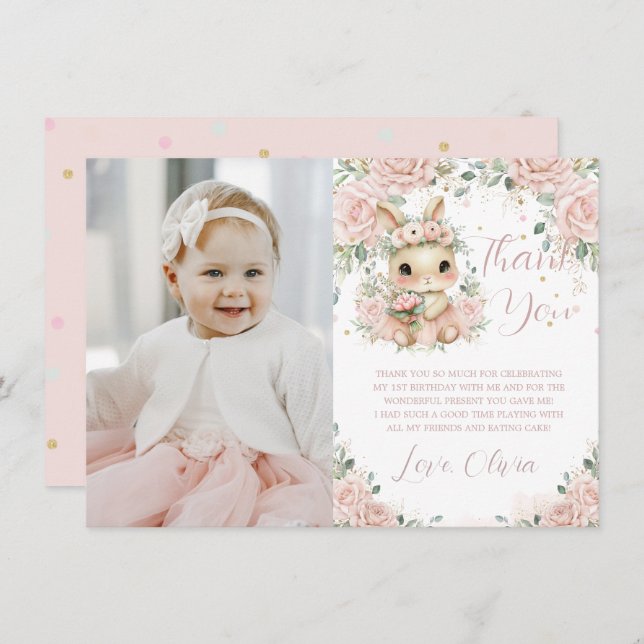 Cartão De Agradecimento Ballerina Bunny Rabbit 1st 2nd 3rd Birthday Photo (Frente/Verso)