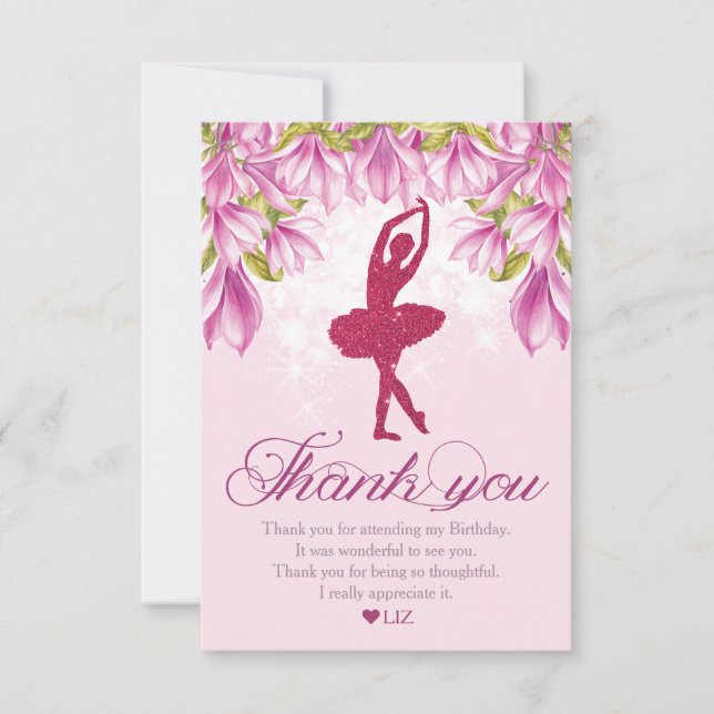 Cartão De Agradecimento Ballerina Pink Glitter Birthday (Frente)