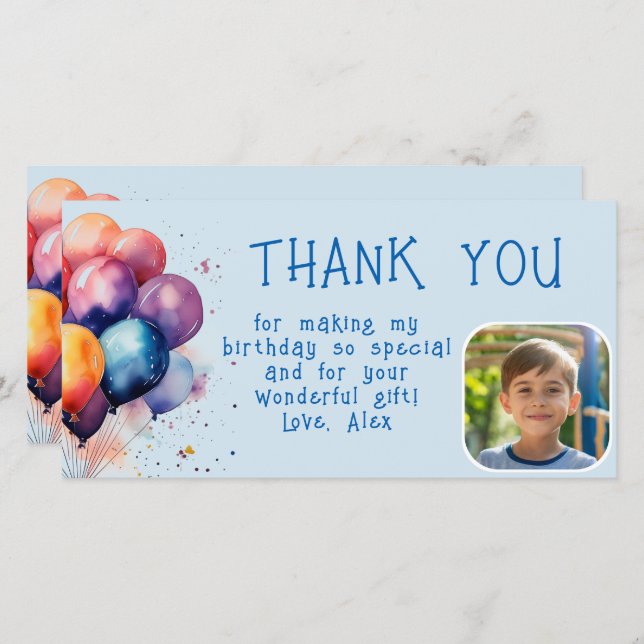 Cartão De Agradecimento Balões Coloridos Foto de Aniversário Infantil  (Frente/Verso)
