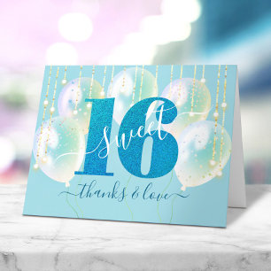 Cartão De Agradecimento Balões de Aniversário de 16 Anos Rosa Brilho Azul