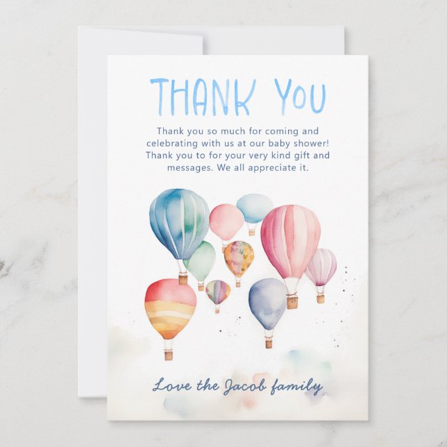 Cartão De Agradecimento Balões de ar quente com aquarela obrigado (Frente)