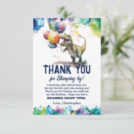 Cartão De Agradecimento Balões de Dinossauro T-Rex Pintam Splash Aniversár