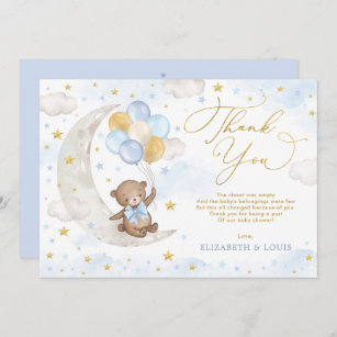 Cartão De Agradecimento Balões de Lua de Urso Dourado Azul - Estrelas de N