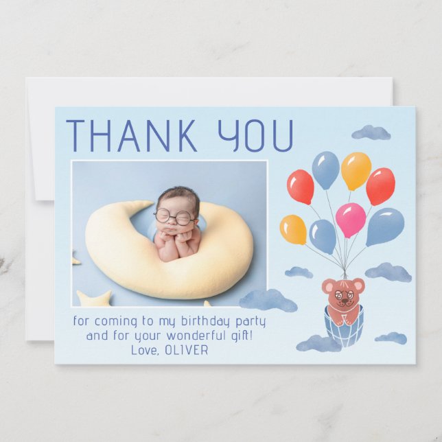 Cartão De Agradecimento Balões de Ursinho de Pelúcia Crianças Foto Anivers (Frente)