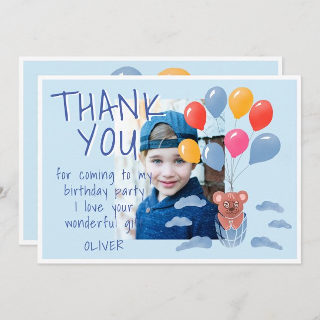 Cartão De Agradecimento Balões de Urso de Pelúcia Fofo Aniversário de Cria (Frente/Verso)