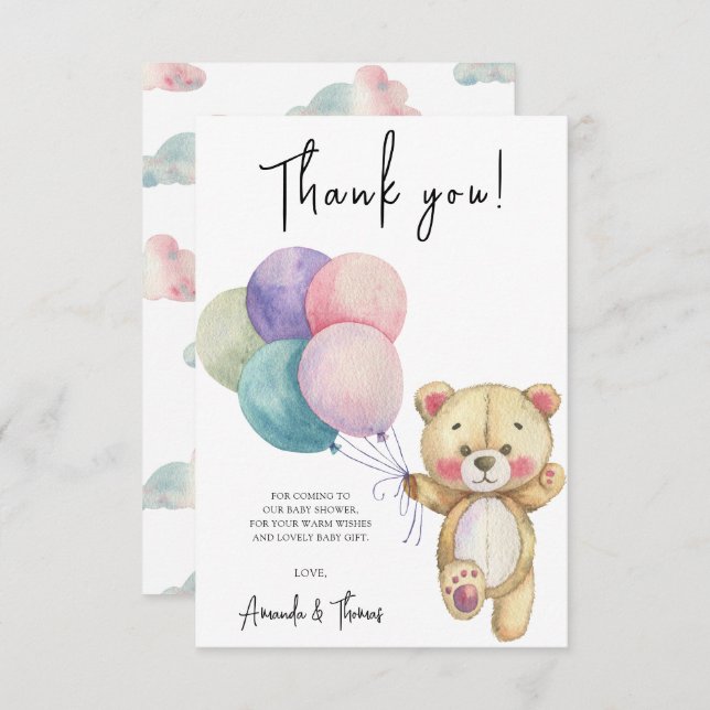 Cartão De Agradecimento Balões de ursos de pelúcia - obrigado (Frente/Verso)