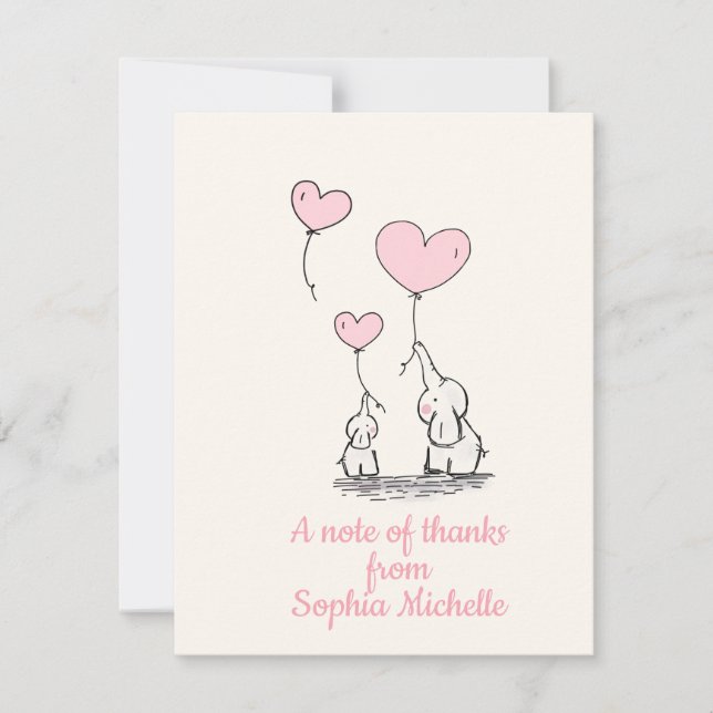 Cartão De Agradecimento Balões & elefantes elegantes do coração do rosa do (Frente)