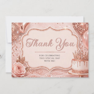 Cartão De Agradecimento Balões Elegantes Rosa Dourado Aniversário Obrigado