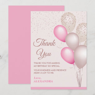 Cartão De Agradecimento Balões Elegantes Rosa e Bege de Aniversário