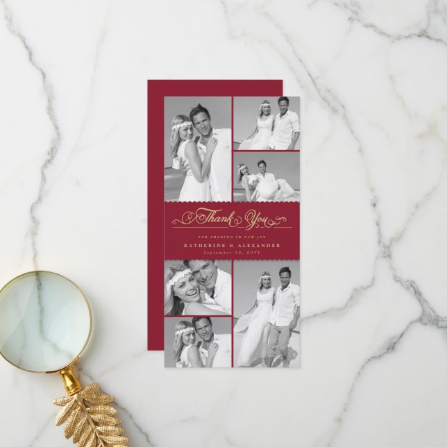 Cartão De Agradecimento Banda 6 Foto Chic Casamento Elegante Burgundy (Frente/Verso In Situ)