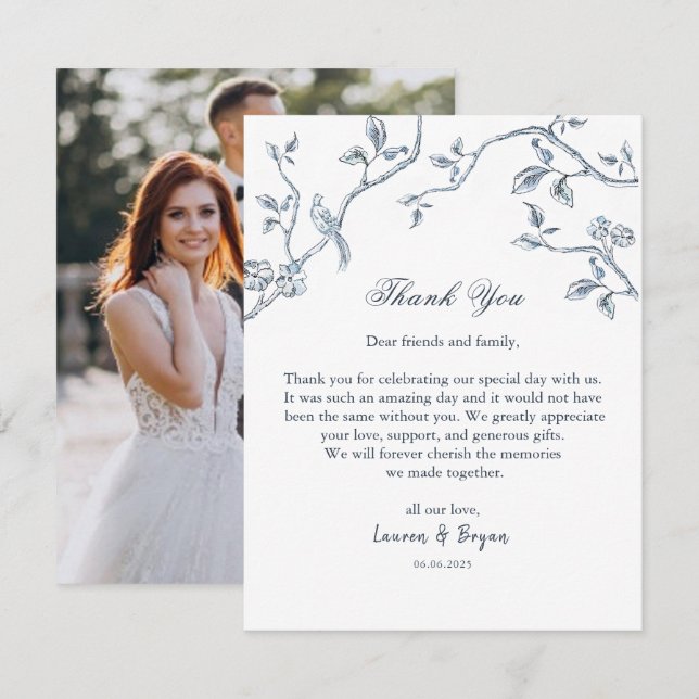 Cartão De Agradecimento Bandeja de casamento azul e branco à moda francesa (Frente/Verso)