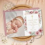 Cartão De Agradecimento Baptism Christening Dusty Rosa Foto Floral<br><div class="desc">Personalize com sua foto e batismo especial,  batizando o obrigado que você manda em letras chic gold neste elegante e empoeirado design floral rosa. Projetado por Thisnotme©</div>