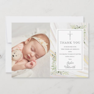 Cartão De Agradecimento Baptism Christening Greenery Marble Foto de Swirl