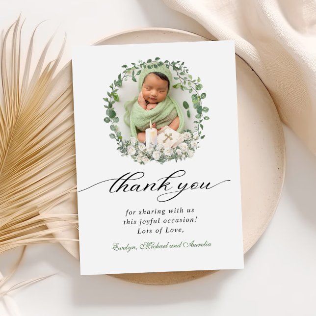 Cartão De Agradecimento Baptism Christening Photo Rosas Floral (Criador carregado)