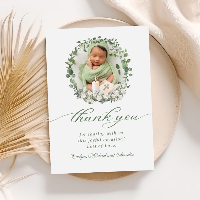 Cartão De Agradecimento Baptism Christening Photo Rosas Floral (Criador carregado)