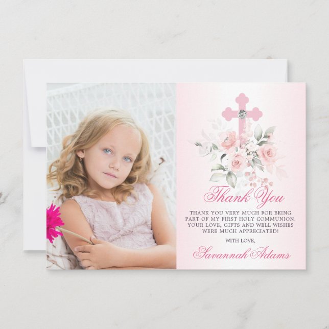 Cartão De Agradecimento Baptism Communion Confirmation Girl Floral PHOTO (Frente)
