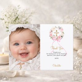 Cartão De Agradecimento Baptism pink florals wreath bow photo girl