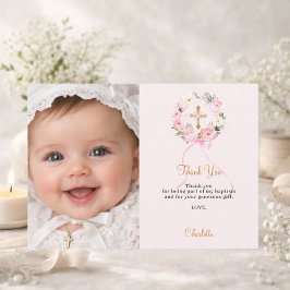 Cartão De Agradecimento Baptism pink florals wreath bow photo girl