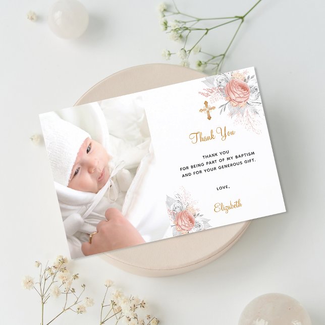 Cartão De Agradecimento Baptism rosa dourado floral galinha (Criador carregado)