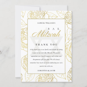 CARTÃO DE AGRADECIMENTO BAR LUX ELEGANTE MARINHO DOURADO FLORAL BAT MITZVA