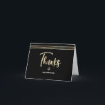 Cartão De Agradecimento Bar Mitzvah Black Gold Foil Script Tallit Modern<br><div class="desc">Certifique-se de que seu Bar favorito Mitzvah mostre seu apreço a todos que apoiaram seu evento de marco! Envie este cartões de agradecimentos legal, único, moderno e personalizado. Escrita gráfica de caligrafia de folha de ouro, Estrela de David, e linhas de talentos desenhadas à mão sobrepõem um fundo preto rico,...</div>