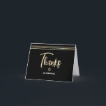 Cartão De Agradecimento Bar Mitzvah Black Gold Foil Script Tallit Modern<br><div class="desc">Certifique-se de que seu Bar favorito Mitzvah mostre seu apreço a todos que apoiaram seu evento de marco! Envie este cartões de agradecimentos legal, único, moderno e personalizado. Escrita gráfica de caligrafia de folha de ouro, Estrela de David, e linhas de talentos desenhadas à mão sobrepõem um fundo preto rico,...</div>