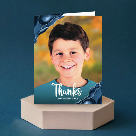 Cartão De Agradecimento Bar Mitzvah Foto Marinho Blue Agate Script Modern