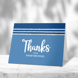 Cartão De Agradecimento Bar Mitzvah Modern Blue Silver Tallit Script Negri