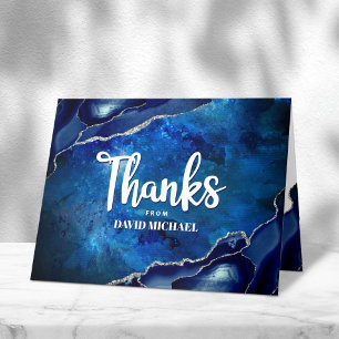 Cartão De Agradecimento Bar Mitzvah Moderno Ágata Azul Aquarela Script