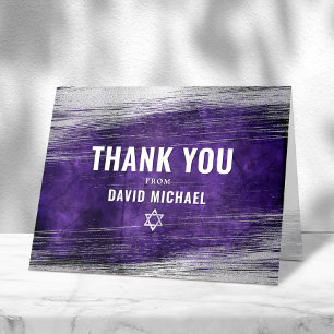Cartão De Agradecimento Bar Mitzvah Moderno Roxo Aquarela Folha de Prata